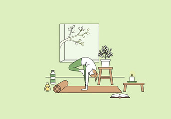 Obraz premium Person practicing yoga on mat in serene indoor setting with window nature display and wellness items for relaxation and healthy lifestyle themes