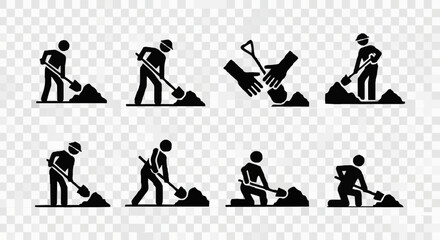 Digging Shovel Icon Set Construction Worker Silhouette. © raka