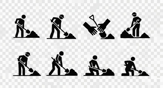 Digging Shovel Icon Set Construction Worker Silhouette.