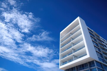 Modern White Building Under a Vivid Blue Sky with Wispy Clouds in Bright Daylight