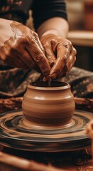 Artisan shapes wet clay vessel on rapidly spinning pottery wheel