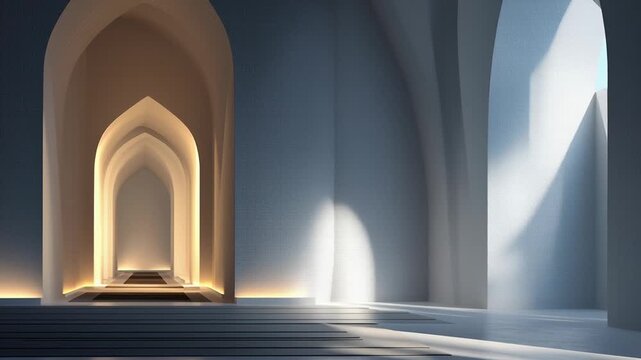 A large, empty room with a white ceiling and white walls. Islamic sacred interior concept, minimal mosque prayer room, simple architectural lines, serene lighting, modern clean editorial style
