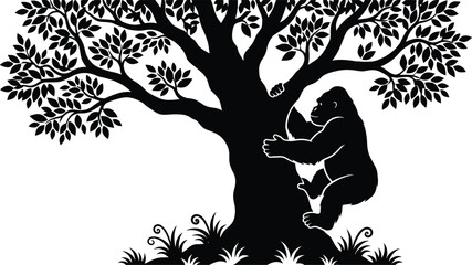 Obraz premium Black gorilla silhouette climbing tree, jungle wildlife illustration, minimalist nature vector art for logo, tattoo, poster, branding, and creative design use