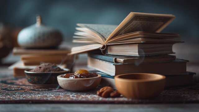 Islamic teaching and learning visual concept, calm interaction centered around books and reflection, minimal background, soft natural lighting, suitable for commercial articles