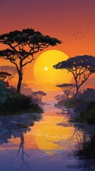 Pixel Art Sunset Over African Landscape with Trees Reflection in Water Featuring a Large Orange Sun and Dark Silhouette Trees Under Dramatic Sky