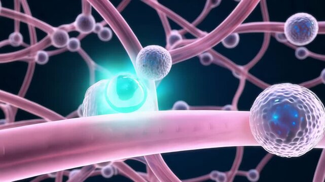 abstract view of tissue structure with glowing carrier units traveling along fibrous network releasing cargo at cells causing brightening