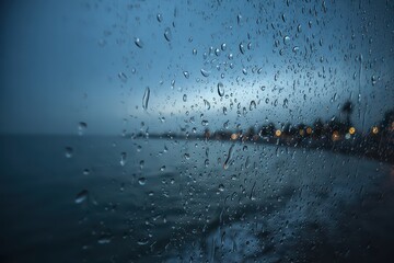 Rain Drops on Glass Window Overlooking Blurred Seaside View at Twilight with Dark Blue Tone