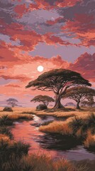 Pixelated African Landscape With Large Trees At Sunset Under Cloudy Sky