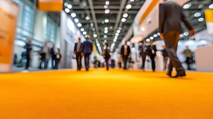 Fototapeta premium Colorful blurred busy trade show hall with orange carpet, people walking and networking in large exhibition center, business fair environment, international marketing and professional networking event