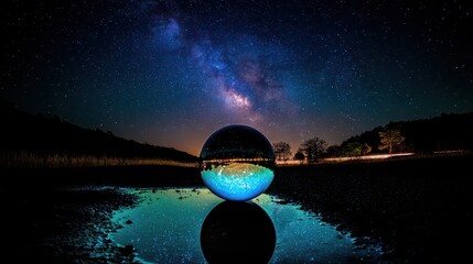 Reflecting Cosmos Clear Sphere Reflecting Milky Way Under Starry Night Sky Landscape with Black Background Night Photography