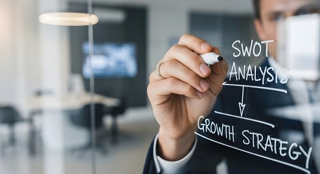 Businessman draws swot analysis leading to a clear growth strategy on a transparent office whiteboard closeup shot