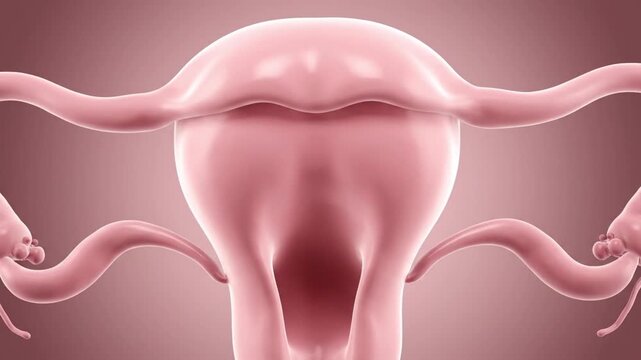 medical 3D visualization of human female uterus anatomically correct proportions smooth polished medical grade 3D model pastel pink uterus color uniform monochrome pink background clean minimal scient