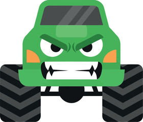 Angry Green Monster Truck Cartoon Illustration with Aggressive Expression and Large Tires © Collect Silhouettes