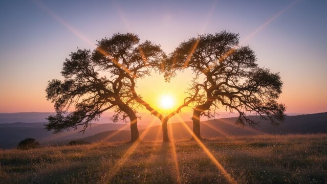 Two oak trees silhouetted against a golden sunset forming a perfect heart shape, symbolizing love and connection in nature.