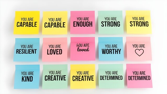 Colorful sticky notes display positive affirmations promoting mental wellness and self-esteem growth on a white surface