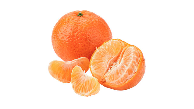 An orange mandarin, tangerine fruit rests next to several orange slices isolated on transparent background cut out