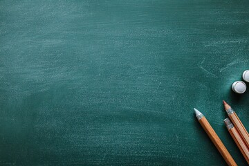 Sparkling Teal Background with Scattered Glitter Three Pencils and Two Round White Erasers in the Corner Flat Lay