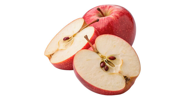 A red apple sits whole next to a half apple that shows the inside and seeds isolated on transparent background cut out