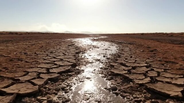 Ephemeral Water Traces Captures the subtle indications or historical presence of water in a riverbed, now manifested as reflective surfaces or mineral deposits.