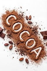 &ldquo;COCOA&rdquo; Word Formed with Cocoa Powder and Chocolate Shavings Flat Lay