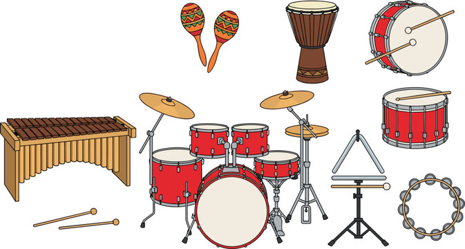 Percussion instruments vector set with drum kit, maracas, bongos, bass drum, xylophone, tambourine and rhythm accessories