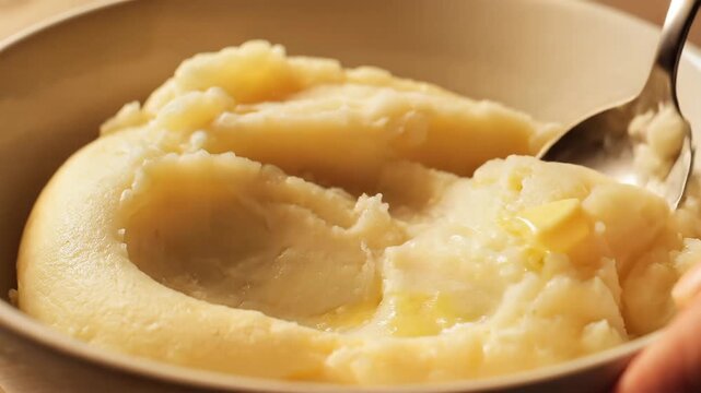 Spoon scoops fluffy mashed potatoes with melting butter, revealing soft texture