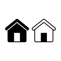 Fototapeta premium Two simple house icons, one solid black and one with a black outline, universally represent home, residence, or a main dwelling.