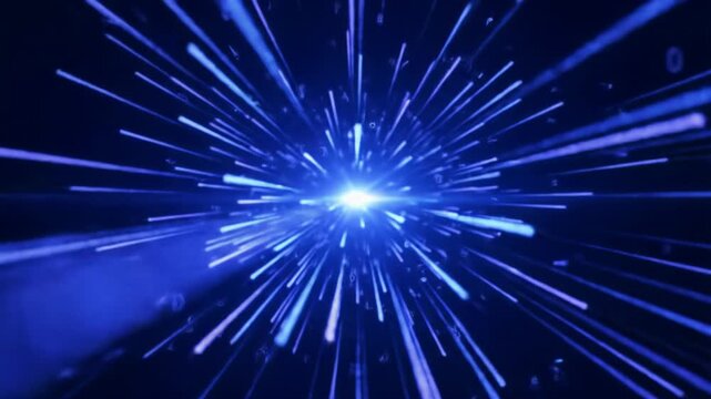 Vibrant electric blue & luminous purple data light streaks explode outwards in a dynamic radial motion, filling the 16:9 video frame against a deep black void. Subtle dolly push-in. Concept of