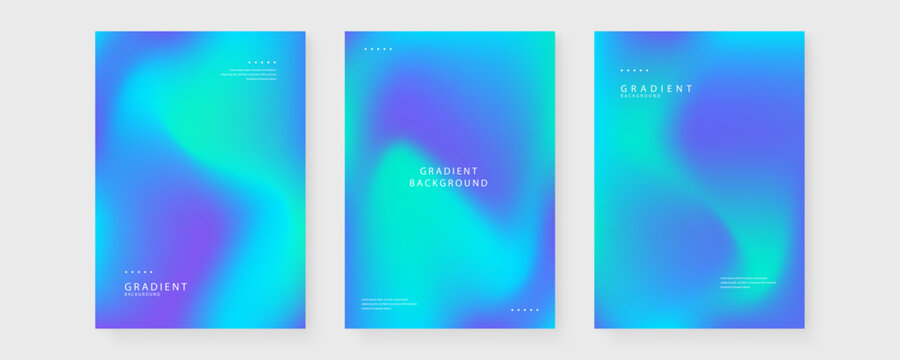 Collection of three modern posters with cyan blue and purple gradient backgrounds featuring subtle grain and fluid shapes