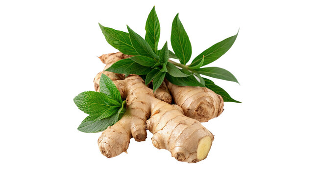 Fresh ginger root with green leave isolated on transparent background cut out