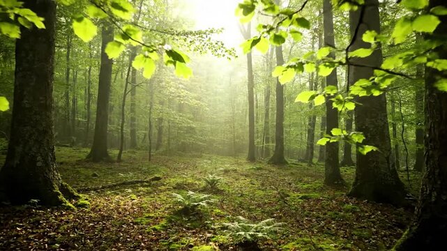 Tranquil Organic Motion Emphasizing very slow, natural movements within the forest scene, such as a barely perceptible sway of foliage or drifting atmospheric particles, adding to the serene and