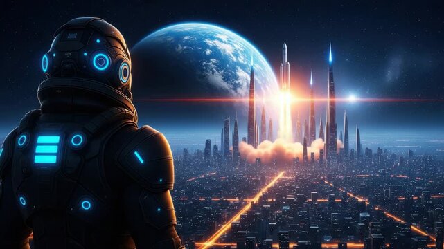 The Explorer of Tomorrow: A lone astronaut stands poised, gazing upon a futuristic city with its towering structures. A celestial body rises, casting an ethereal glow over the scene.
