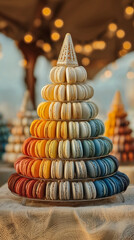 Elegant macaron tower dessert display with pastel colors at festive event