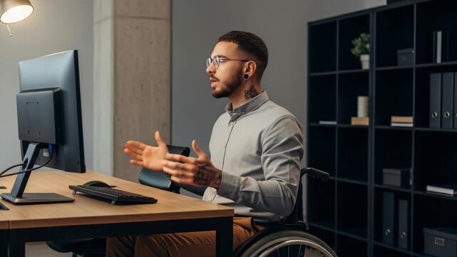 Inclusive Communication: A determined individual with glasses, in a wheelchair, engages in a video conference from a modern office, signifying resilience and connection. 