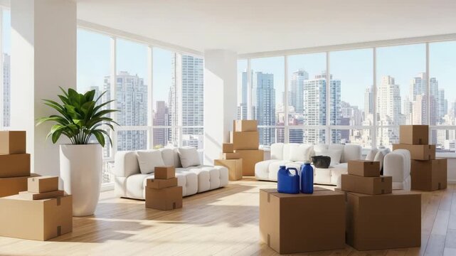 Boxes and Cityscape: A modern, light-filled living area adorned with neatly stacked cardboard boxes, awaiting a fresh start against the backdrop of an urban landscape, ready for a new chapter.