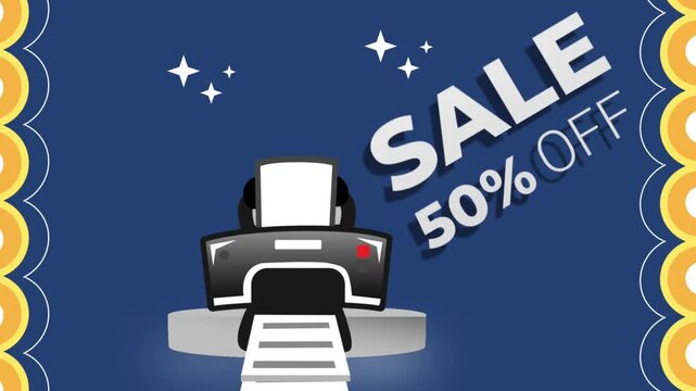 An animated promotional video featuring a modern printer on display with a bold &ldquo;50% OFF SALE&rdquo; message, designed to highlight discounts, savings, and smart shopping in a clean, flat motion gr