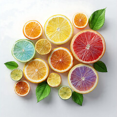 Fototapeta premium Colorful citrus fruits arranged beautifully on a white surface Generative AI