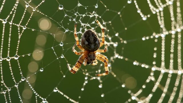 Spider in the center of its intricate web with dew drops.