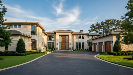 Fototapeta premium Stunning modern mansion with light stone facade, dark driveway, and multiple garages under a partly cloudy sky