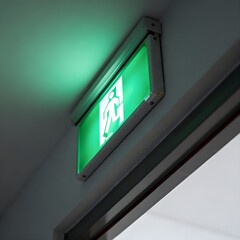 Obraz premium 건물 위쪽에 걸려잇는 초록색 비상구표시a green emergency exit sign hanging above the building