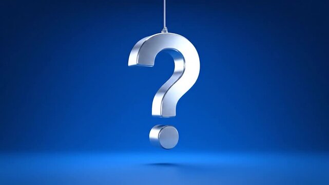 A gleaming silver question mark hangs suspended against a vibrant blue backdrop
