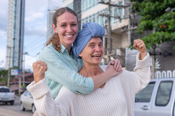Moment friend support resilience and compassion, often associated with of battling cancer wearing a headscarf a common symbol of strength among cancer patients undergoing treatment.
