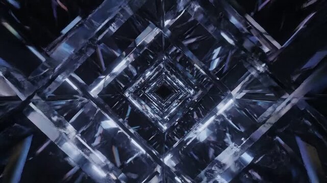 Abstract Geometric Tunnel A slow, forward tracking shot through a highly reflective, angular environment.