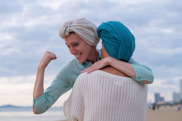 Moment friend support resilience and compassion, often associated with of battling cancer wearing a headscarf a common symbol of strength among cancer patients undergoing treatment.