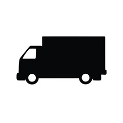 Simple black silhouette illustration of a box truck in profile view