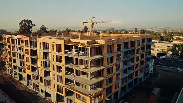 Construction site of a large multi-story building under development with crane nearby