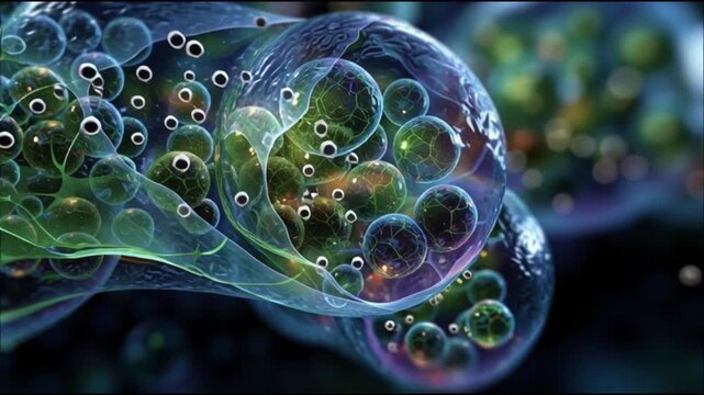 Regeneration process.Tissue repair. Growth mechanisms. Natural regeneration. Biological adaptation. Cellular growth. Colorful abstract depiction of cells in a microscopic view.