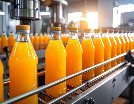 Clear bottles filled with orange liquid move along a conveyor belt, part of an automated production line. Industrial setting with bright lighting