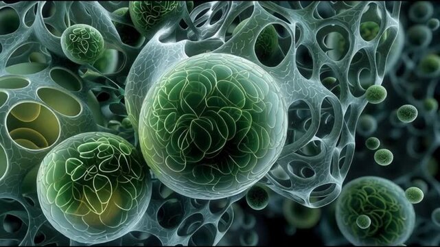 Regeneration process.Tissue repair. Growth mechanisms. Natural regeneration. Biological adaptation. Cellular growth. Microscopic view of green cells and structures in a biological context.