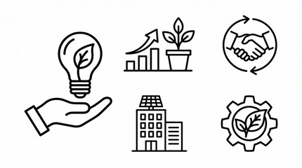 Sustainable Business and Green Energy Line Icon Set: ESG, Renewable Resources, and Eco-Friendly Growth